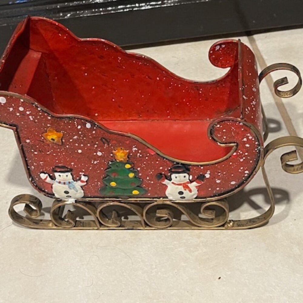Metal Christmas Santa Sleigh Hand Painted Red Holiday Decor Snowmen Tree 8.5"x4"